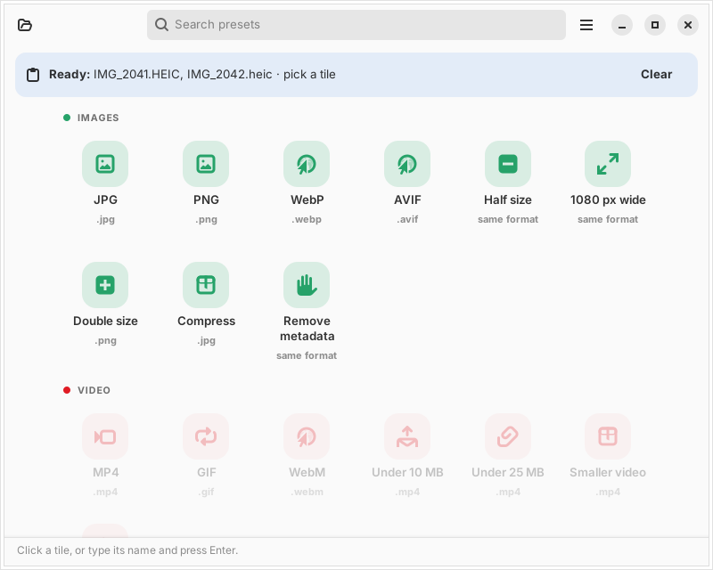The Roue full panel: a search box, then tiles grouped into Images, Video, Audio and Documents, each with a coloured icon, a name and the output format.
