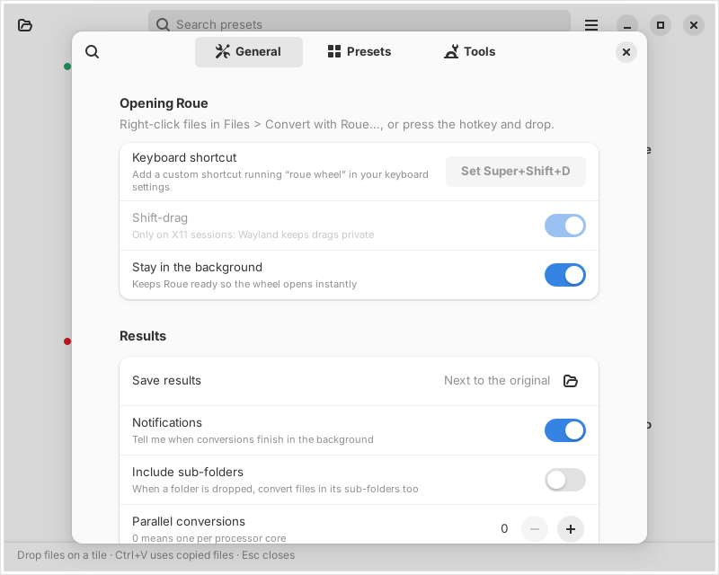 Roue preferences: keyboard shortcut, Shift-drag, staying in the background, where to save results, notifications and parallel conversions.