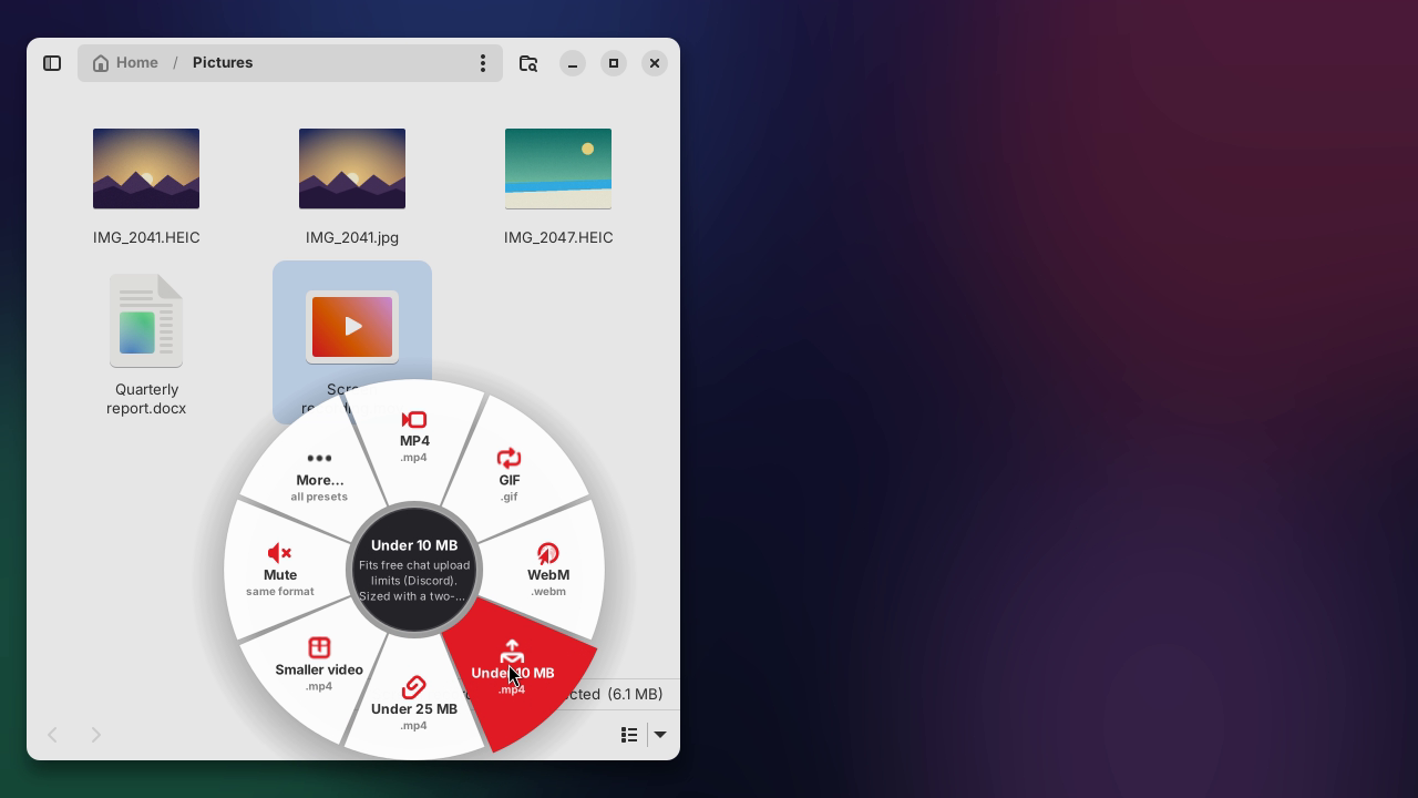 The Roue wheel open over GNOME Files after right-clicking a screen recording: slices for MP4, GIF, WebM, Under 10 MB, Under 25 MB, Smaller video, Mute and More…. The pointer is on Under 10 MB, which turns red while the centre explains what it does.
